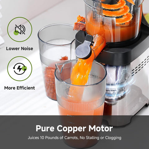 AMZCHEF juicer auto-cutting mechanism with dual blades slices ingredients quickly.