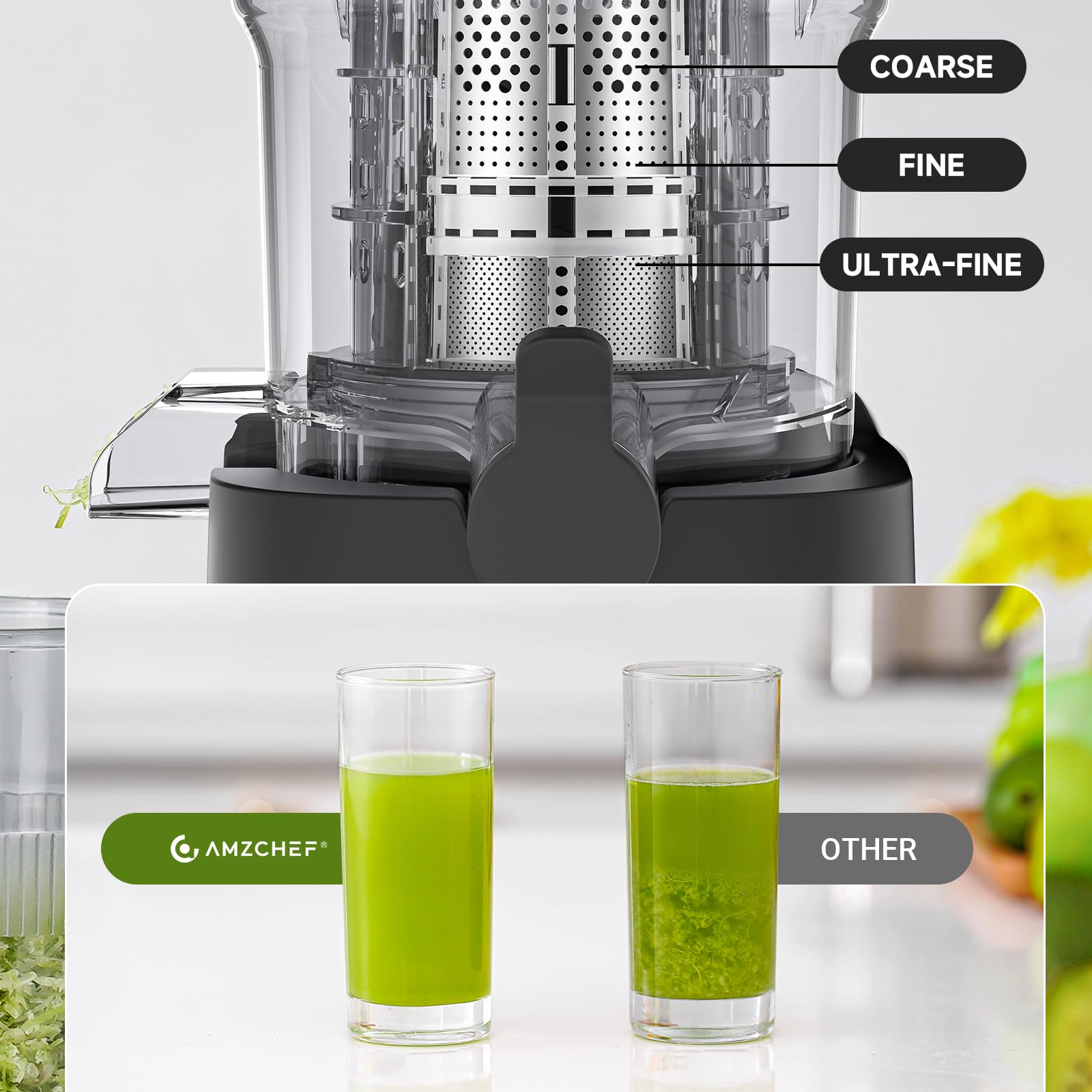 AMZCHEF juicer enlarged auger increases juice yield.