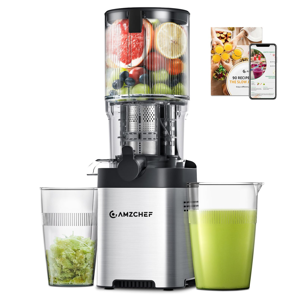 AMZCHEF juicer with five-point-four-inch feed chute enabling whole-fruit juicing.