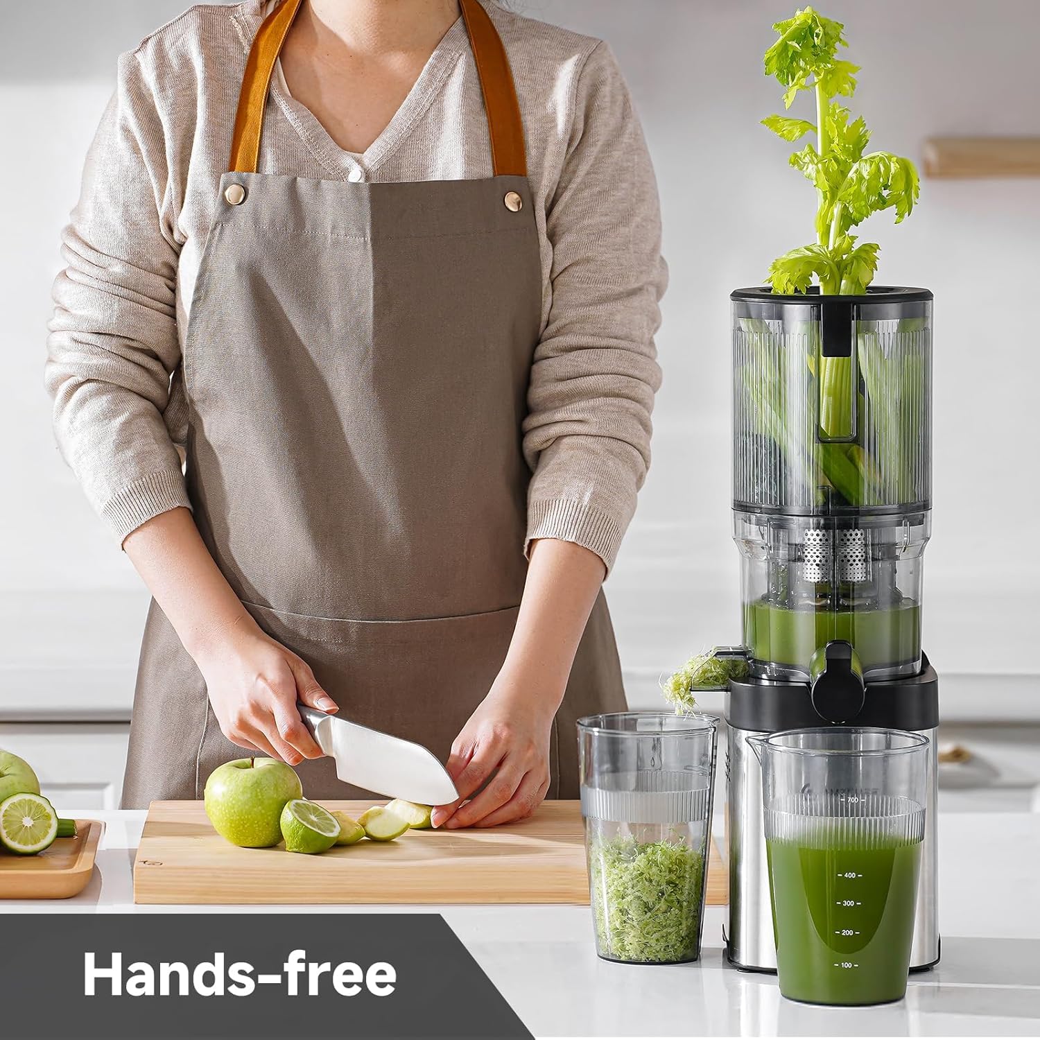 AMZCHEF juicer shows side ventilation to prevent overheating during long juicing.