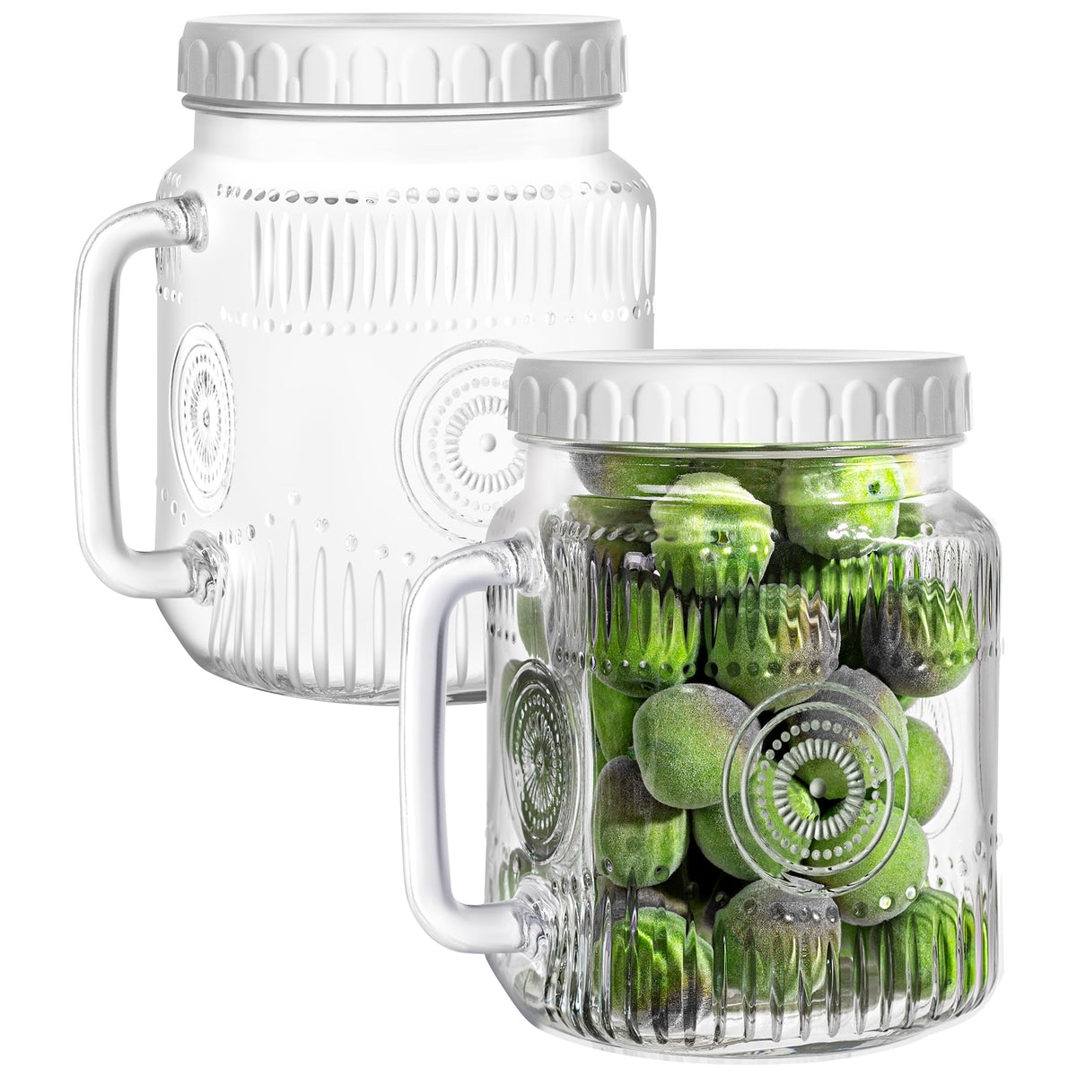 Amzcku 2-pack large glass mason jars with wide mouth and handle for easy pouring.