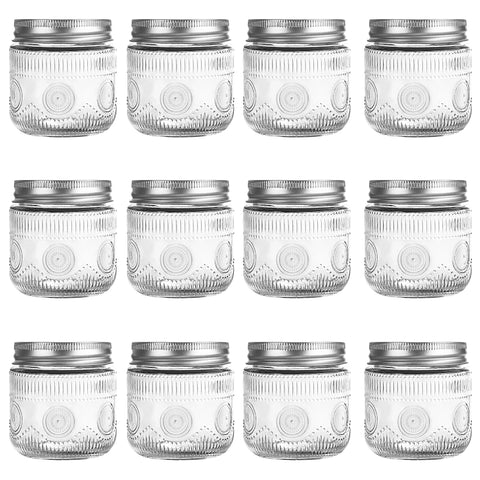 Amzcku 8 oz vintage mason jar with lids shown for versatile storage and a secure seal.