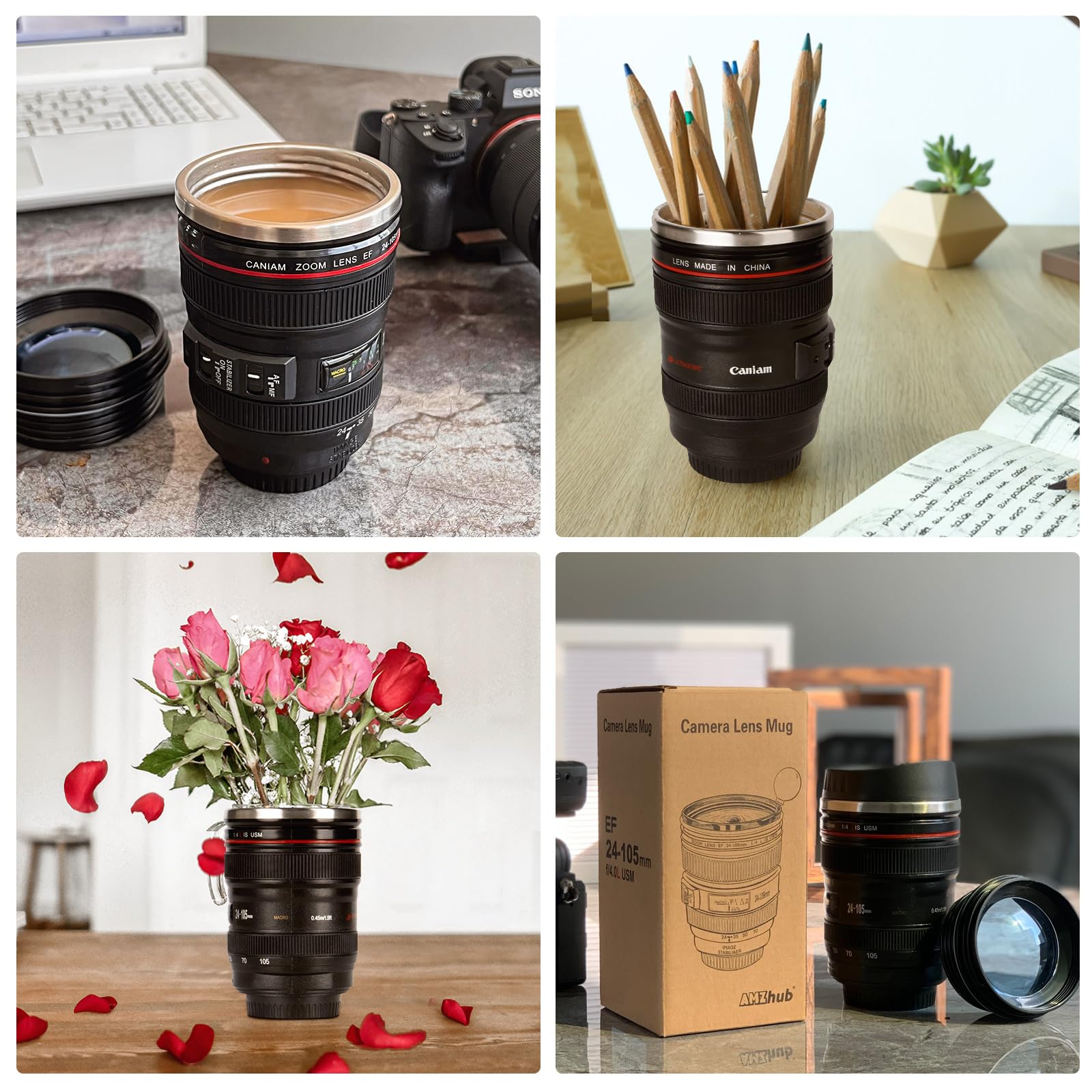 AMZHUB camera lens mug on a desk as a stylish photography accessory.