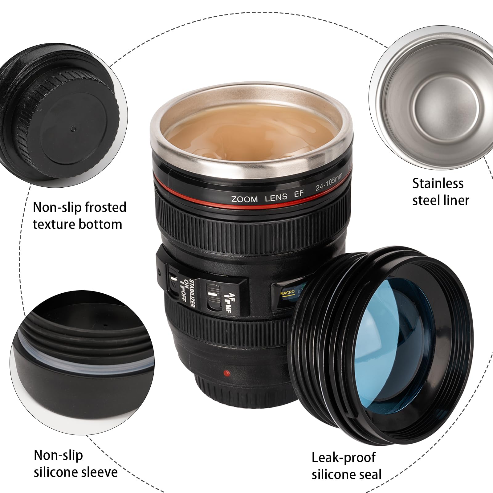 AMZHUB camera lens mug durable stainless steel build with premium finish for daily use.