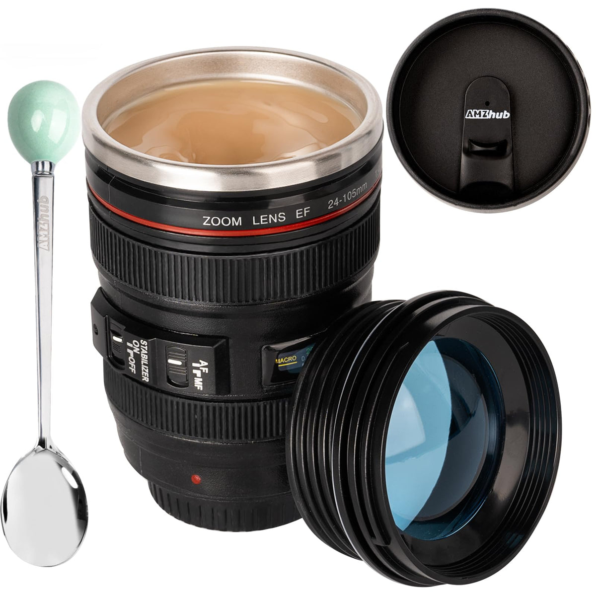 AMZHUB camera lens mug exterior with sleek stainless finish for stylish coffee breaks.