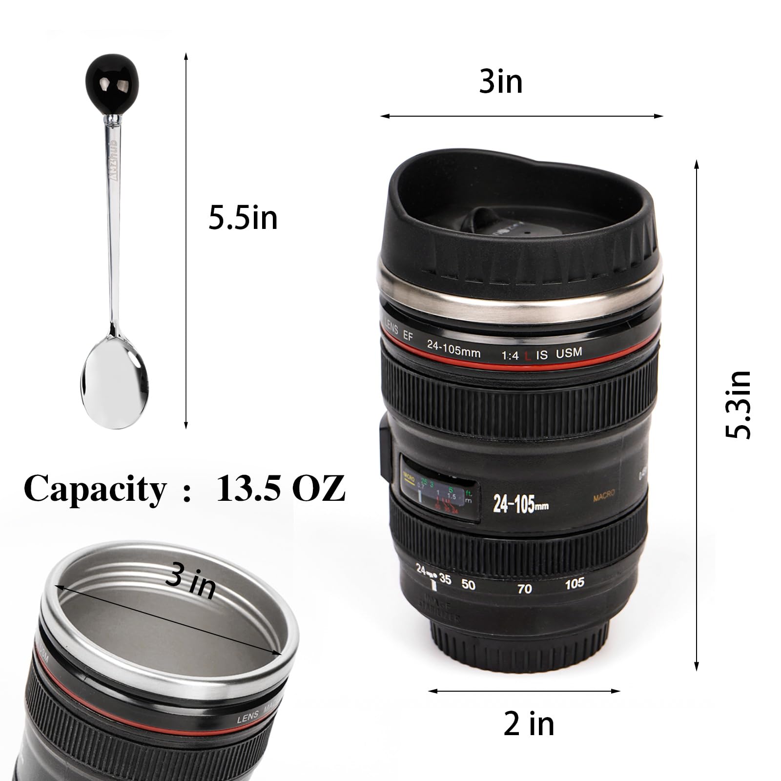 AMZHUB camera lens mug insulated stainless steel keeps drinks warm during commutes.