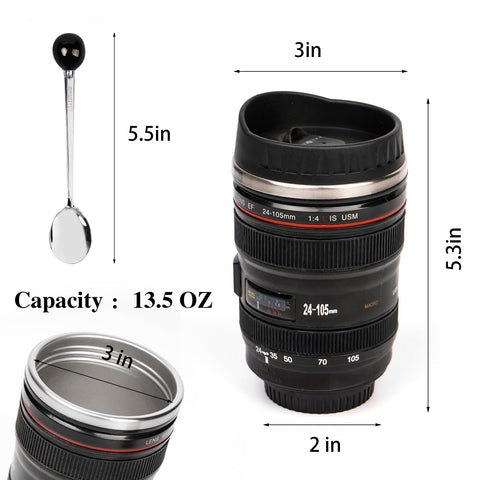 AMZHUB camera lens mug insulated stainless steel keeps drinks warm during commutes.