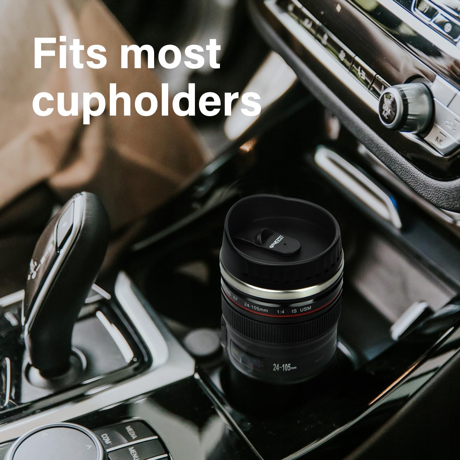 AMZHUB camera lens mug with lid closed for spill-free travel and office use.