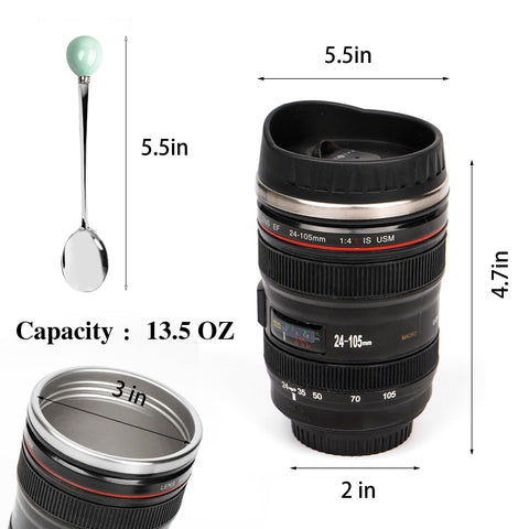 AMZHUB camera lens mug with retractable lid for sipping without removing the lid.