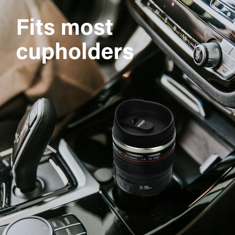 AMZHUB camera lens mug with spoon design for convenient stirring on the go.
