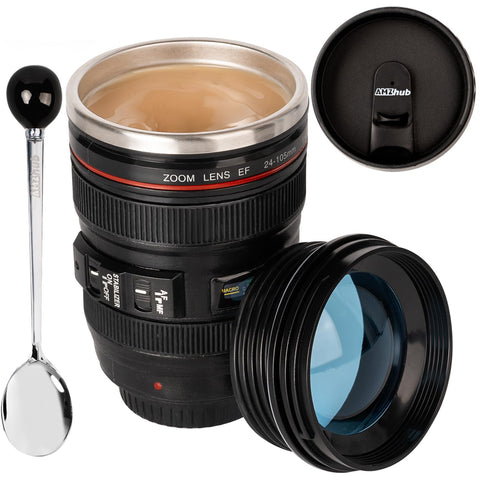 AMZHUB camera lens mug two lids for spill-free travel coffee.