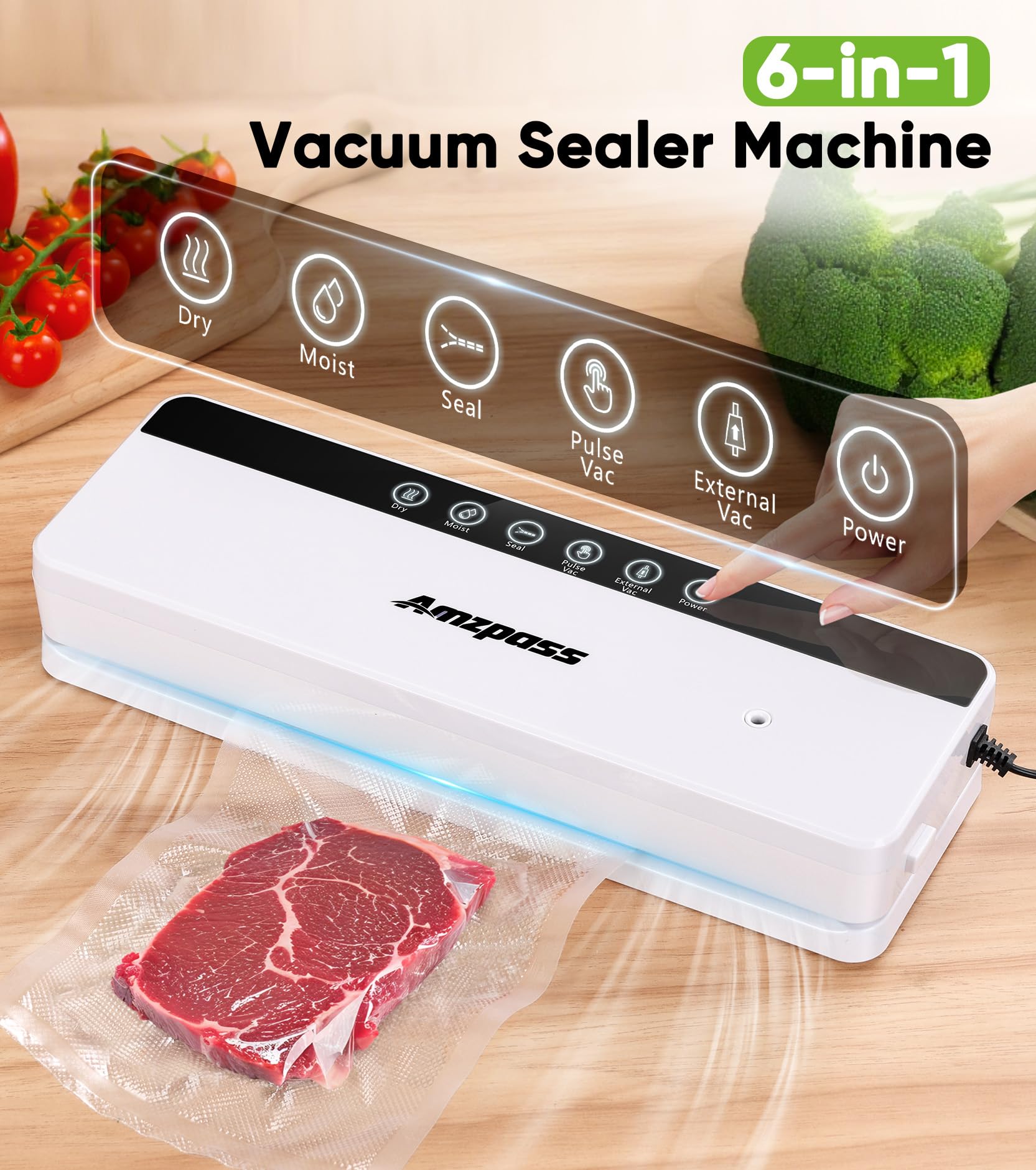 Amzpass vacuum sealer 80kPa suction preserves freshness longer for meats and veggies.