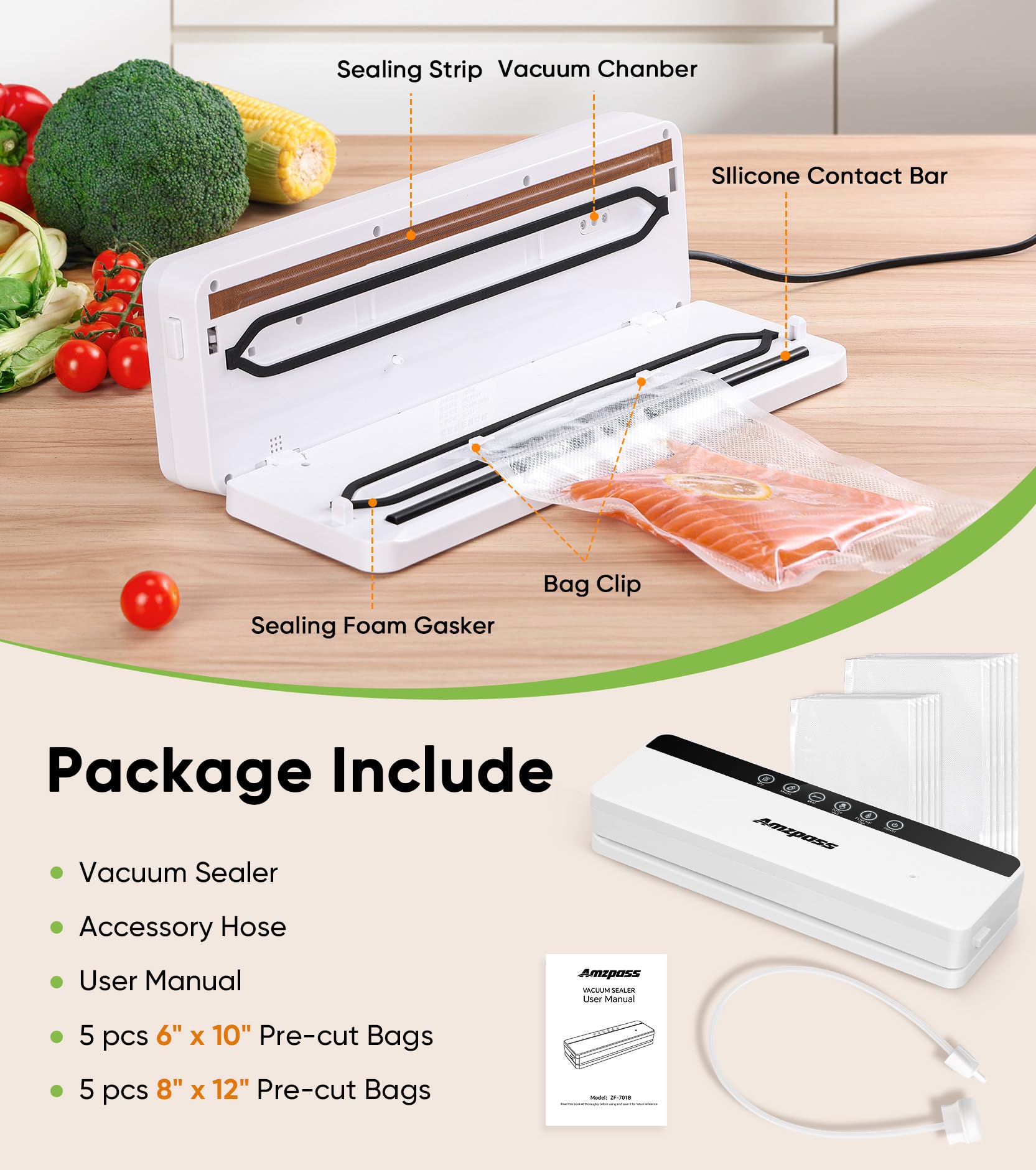 Amzpass vacuum sealer wide seal bar supports large bags.