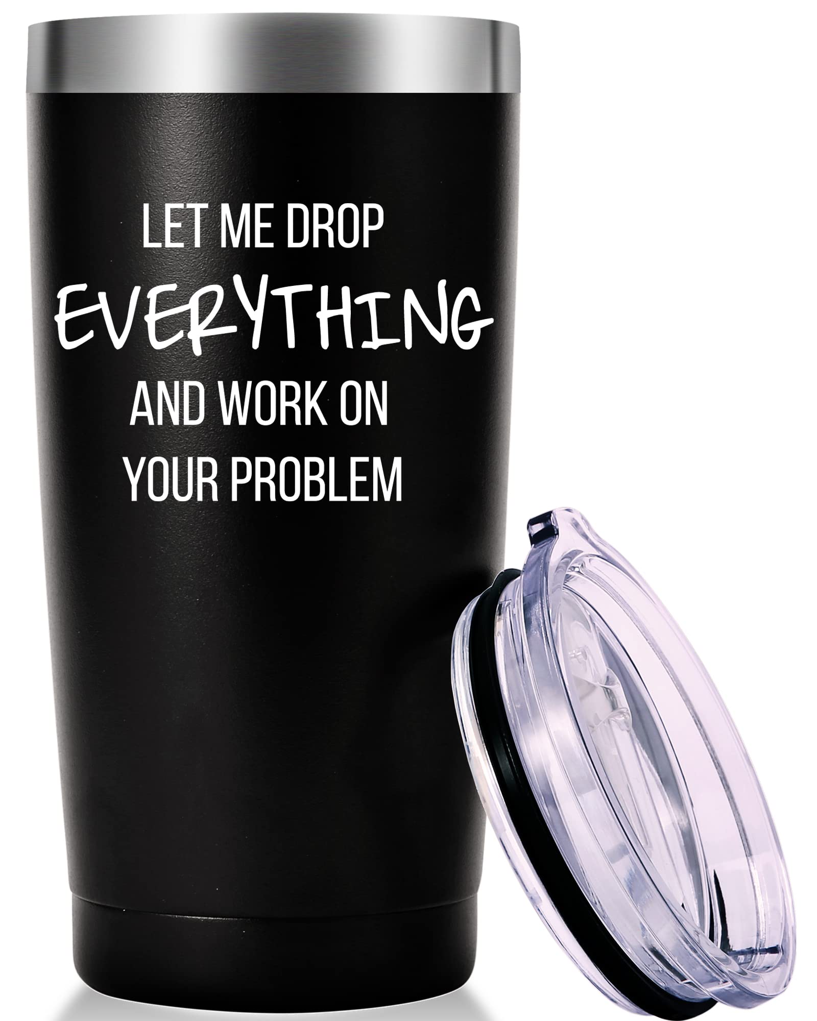 AMZUShome Let Me Drop Everything travel mug, front view, keeps hot drinks for hours.