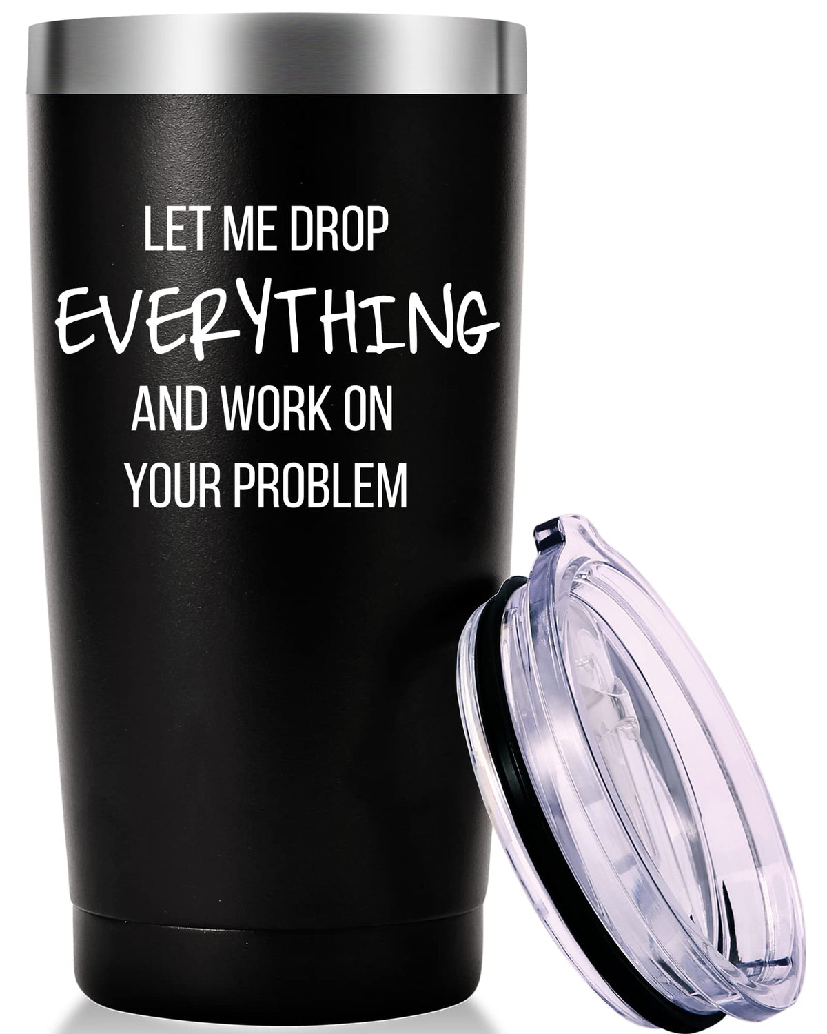 AMZUShome Let Me Drop Everything travel mug, front view, keeps hot drinks for hours.