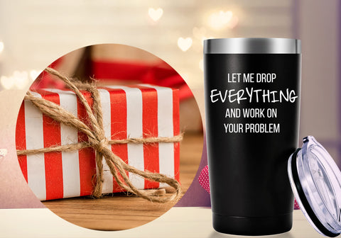 AMZUShome Let Me Drop Everything travel mug, packaging ready for gifting.