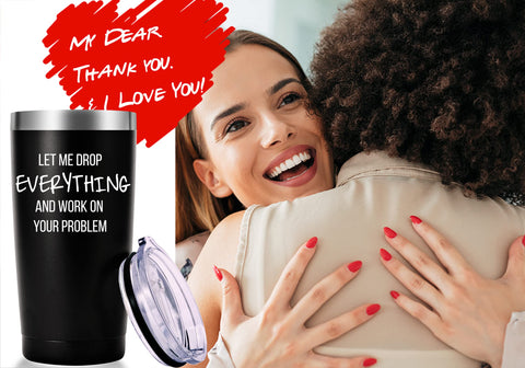 AMZUShome Let Me Drop Everything travel mug, logo visible, stylish and gift-ready.