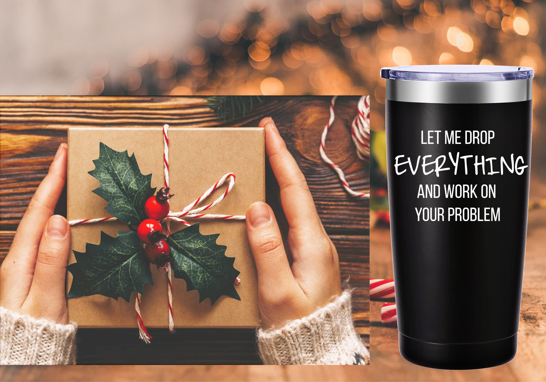 AMZUShome 20 oz black travel mug on desk, ideal all-day office companion.