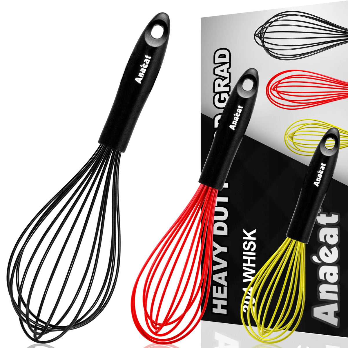 Anaeat silicone balloon whisk 9in with nonstick-friendly design for gentle folding and beating.