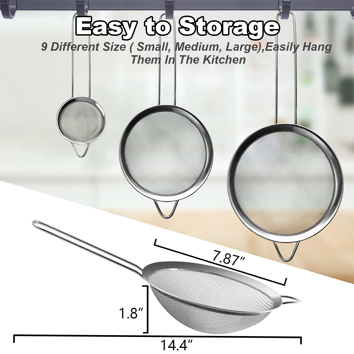 Anaeat 7.87-inch strainer shown in a kitchen setup.