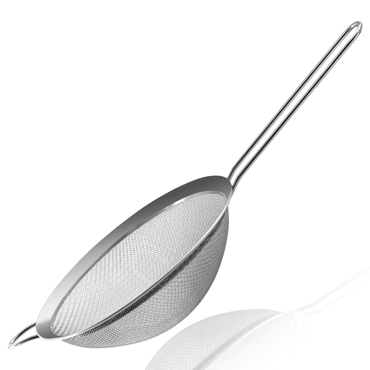 Anaeat fine mesh strainer with long handle for safe lifting from hot water.