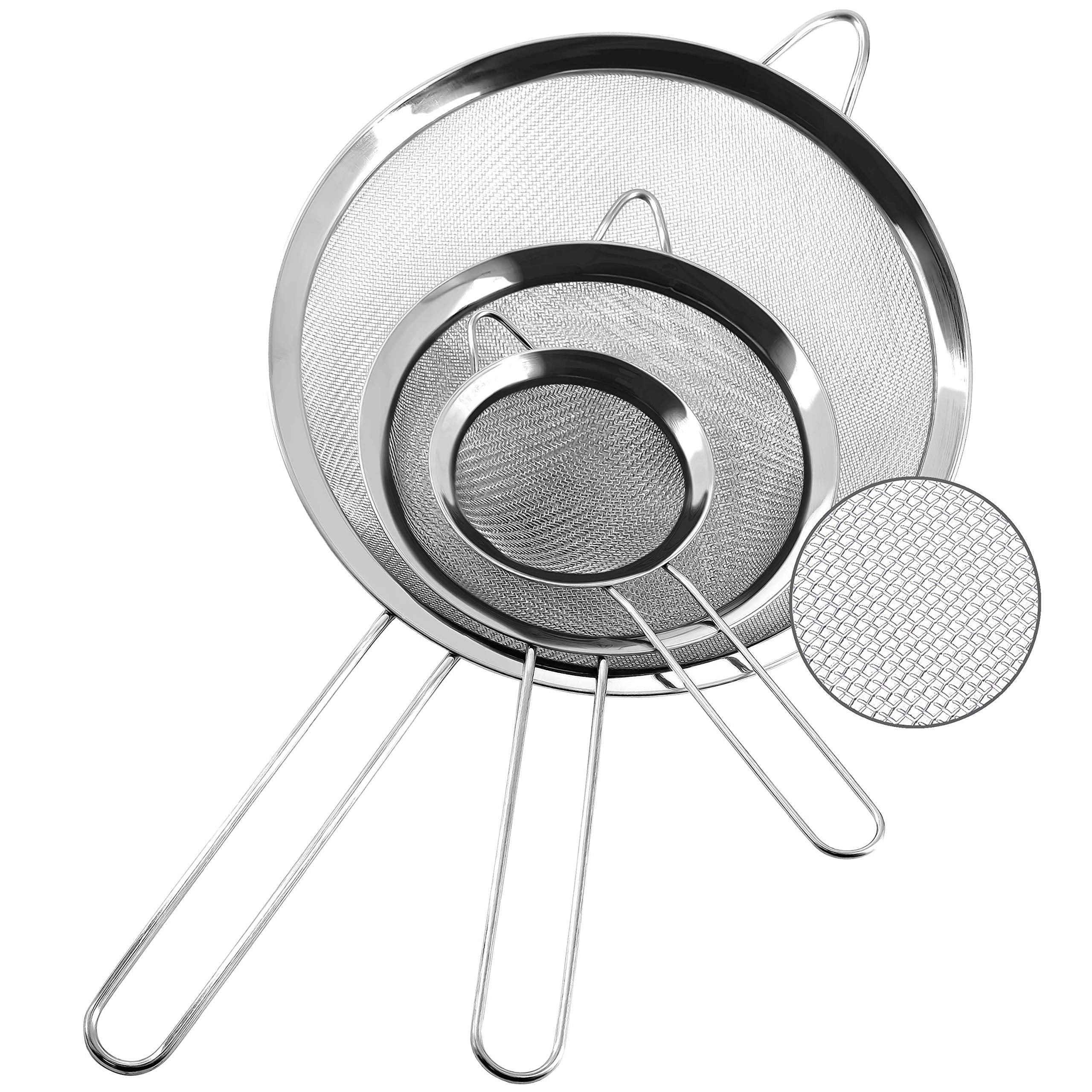 Anaeat fine mesh strainer with a long handle for safe pasta lifting.