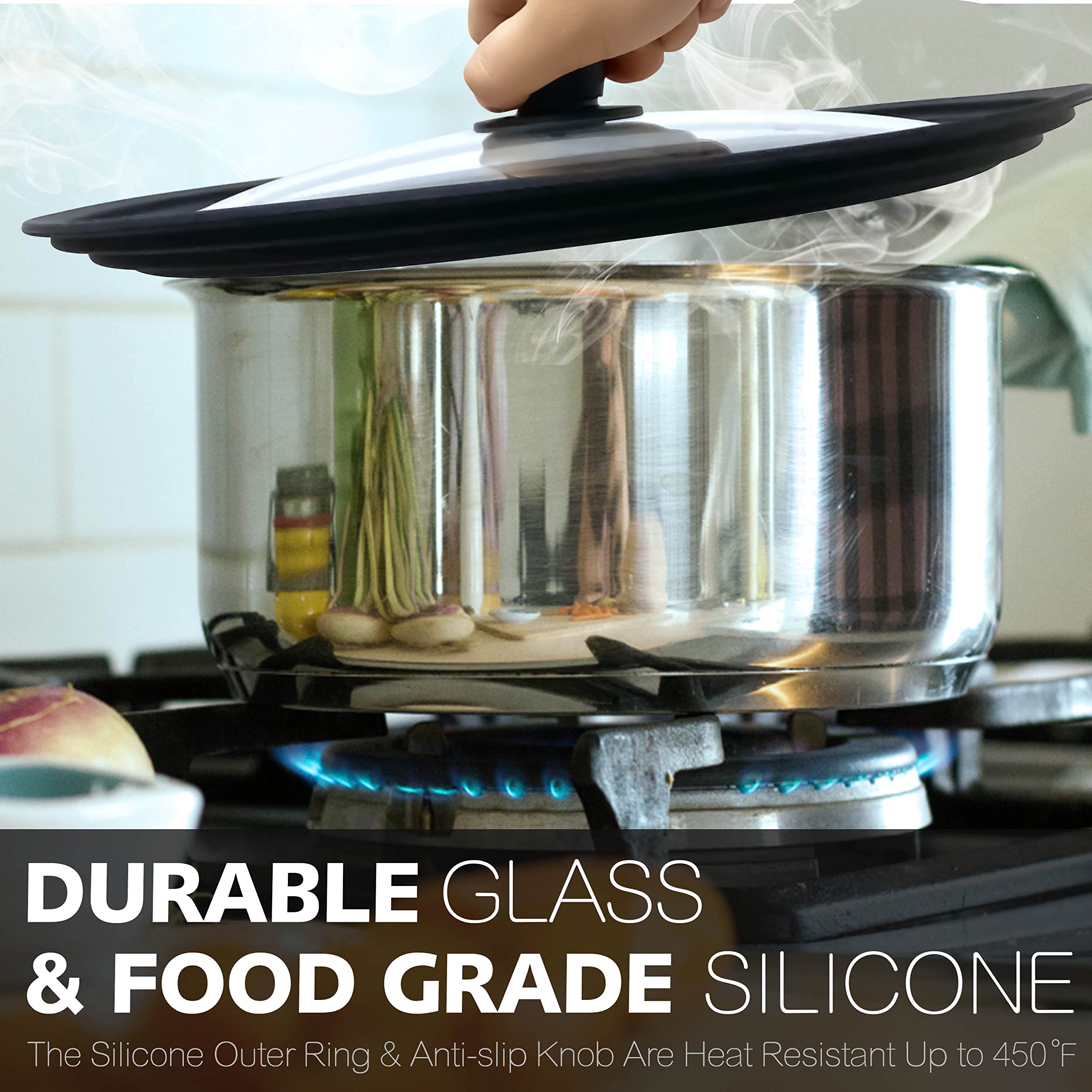 Anaeat lid with heat‑resistant silicone rim for durable kitchen use.