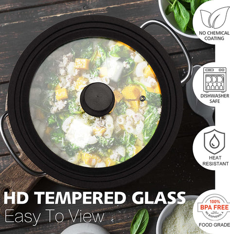 Anaeat universal lid featuring vented edge to prevent spills during simmering.