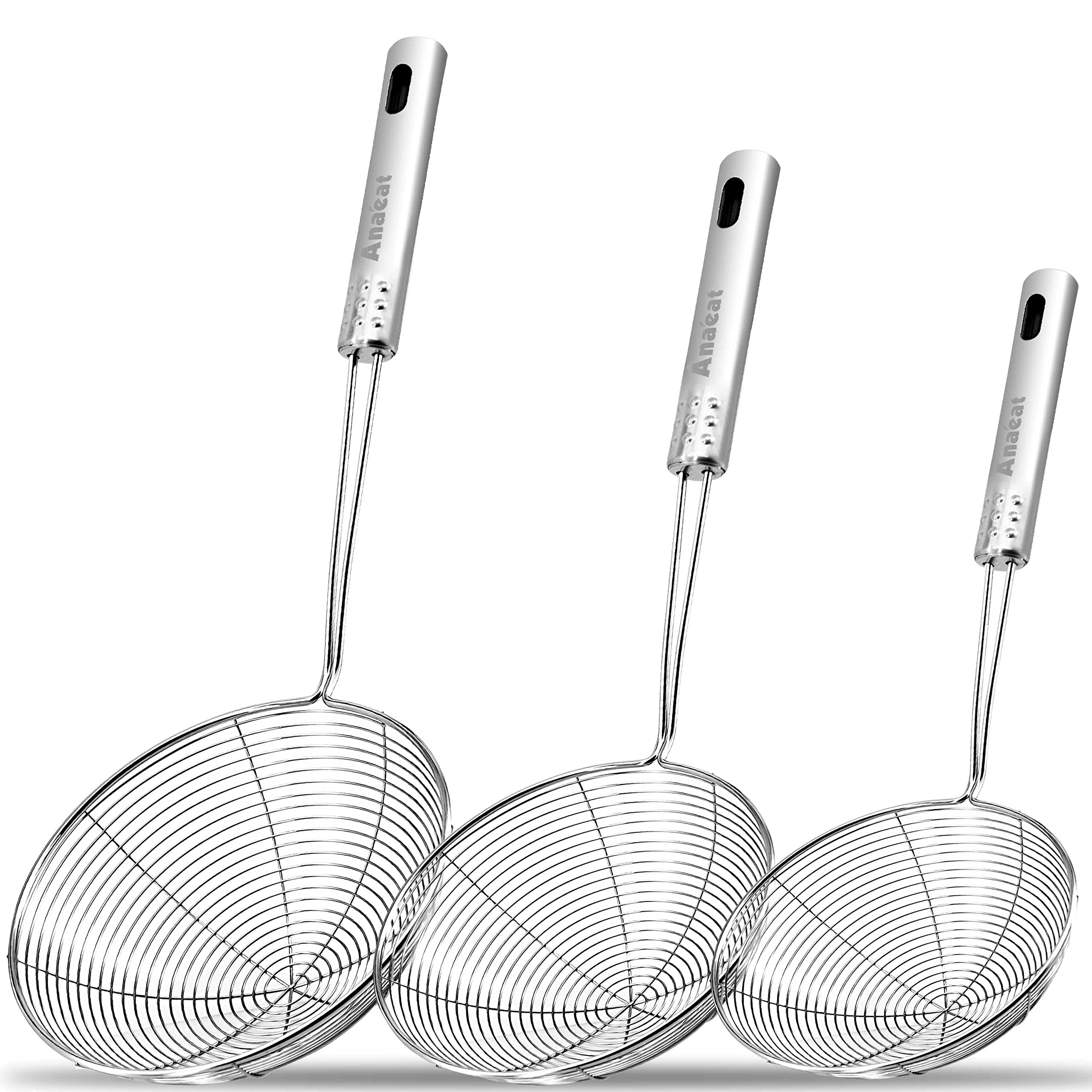 Anaeat spider skimmer 4-5-inch in use for delicate frying and straining.