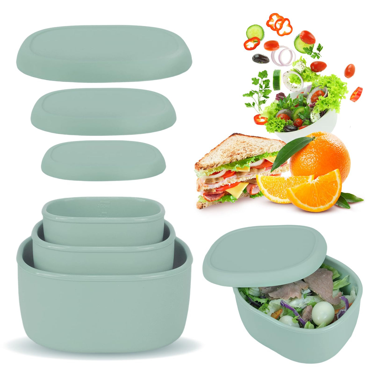 Anatole silicone food storage set with three leakproof lunch boxes.