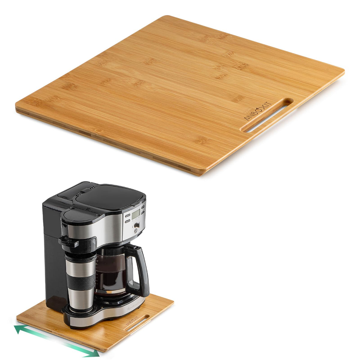 ANBOXIT bamboo appliance slider front view shows smooth glide for easy access