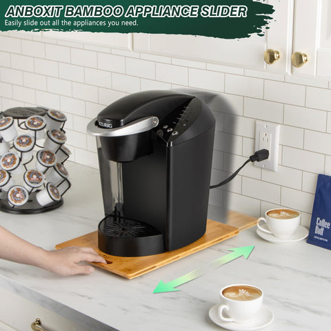 ANBOXIT Bamboo appliance slider on counter showcases smooth pull for coffee maker and air fryer.