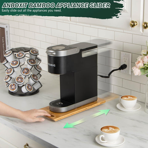 ANBOXIT bamboo appliance slider rolling wheels enable smooth transport.