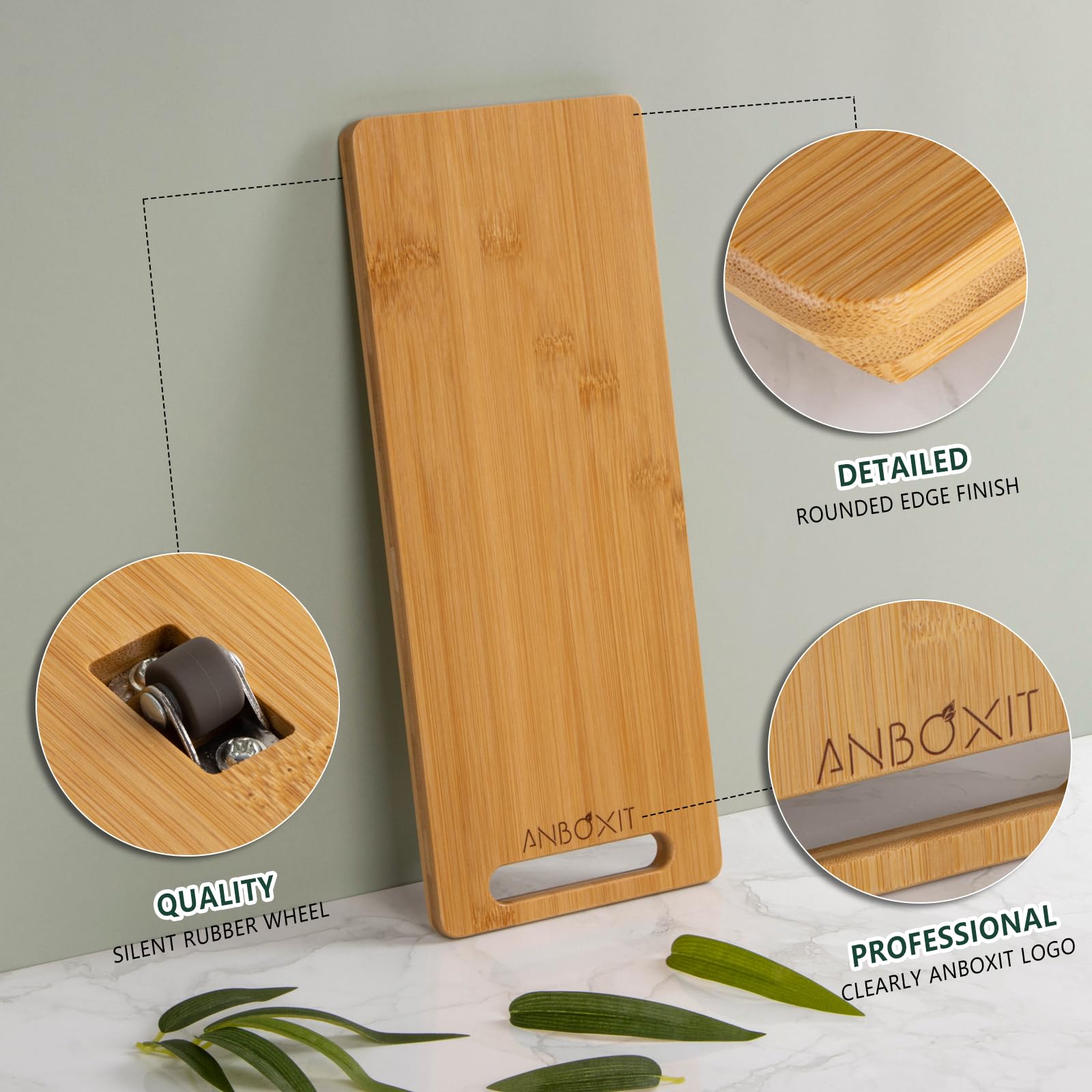 ANBOXIT bamboo appliance slider under-cabinet view highlights convenient access.