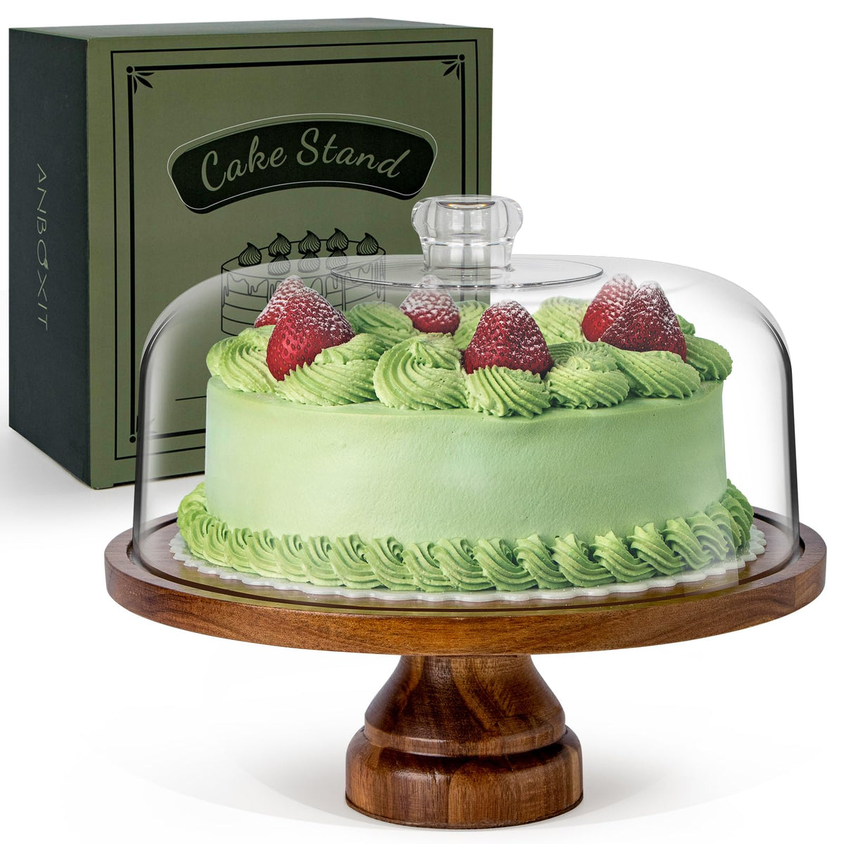 ANBOXIT cake stand with dome lid on warm acacia wood base for elegant display