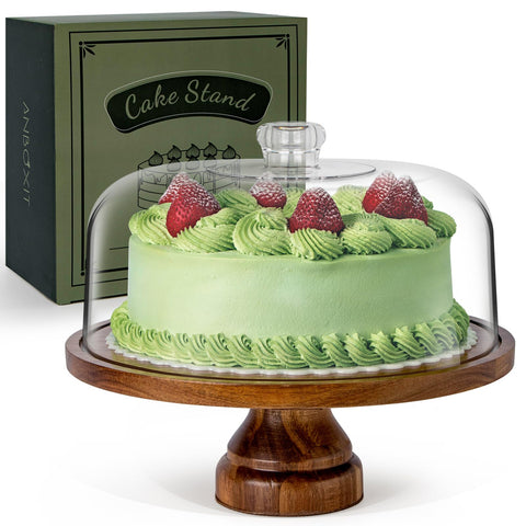 ANBOXIT cake stand with dome lid on warm acacia wood base for elegant display