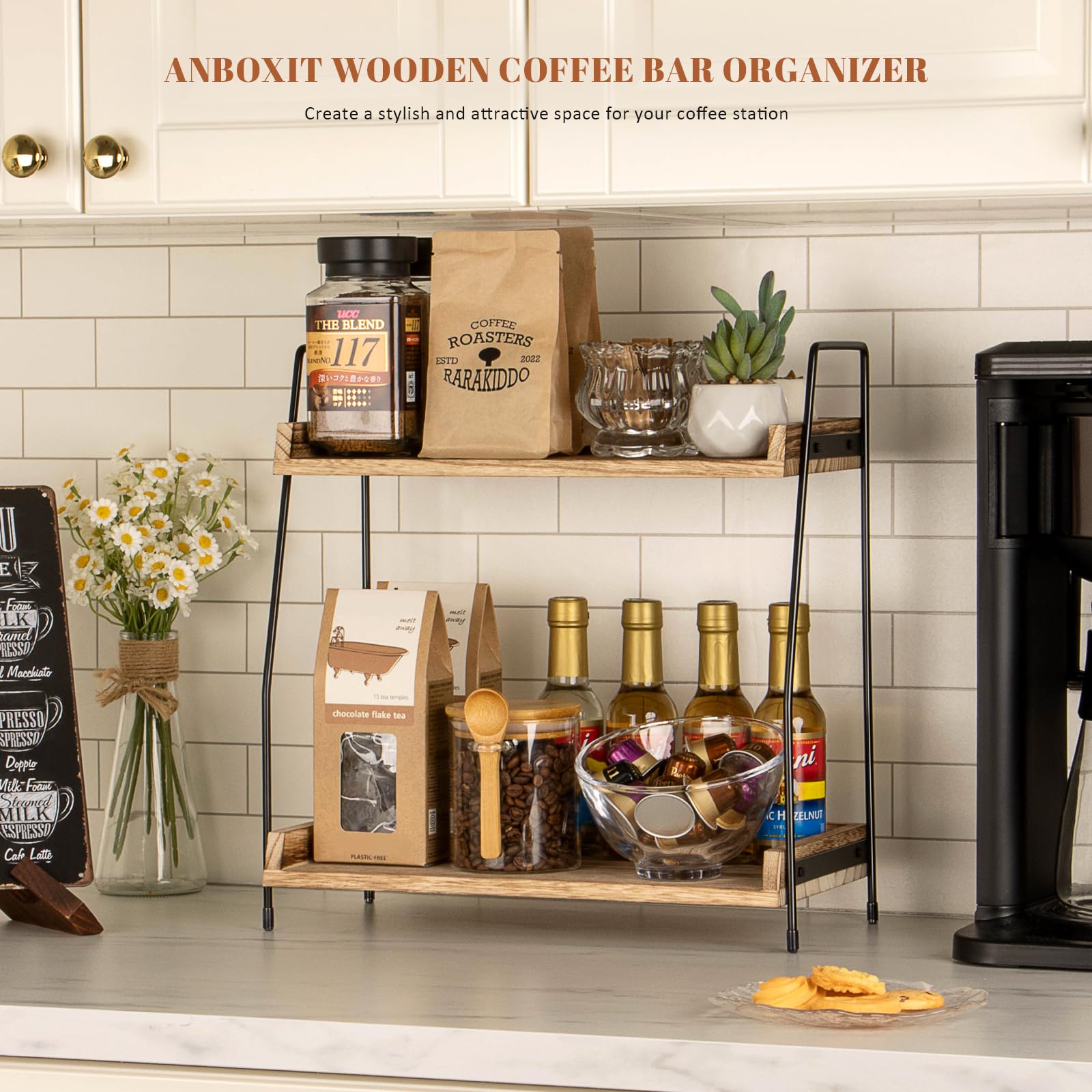 ANBOXIT wood-and-iron coffee bar organizer blends rustic and modern