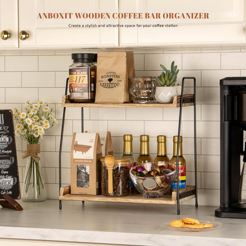 ANBOXIT wood-and-iron coffee bar organizer blends rustic and modern
