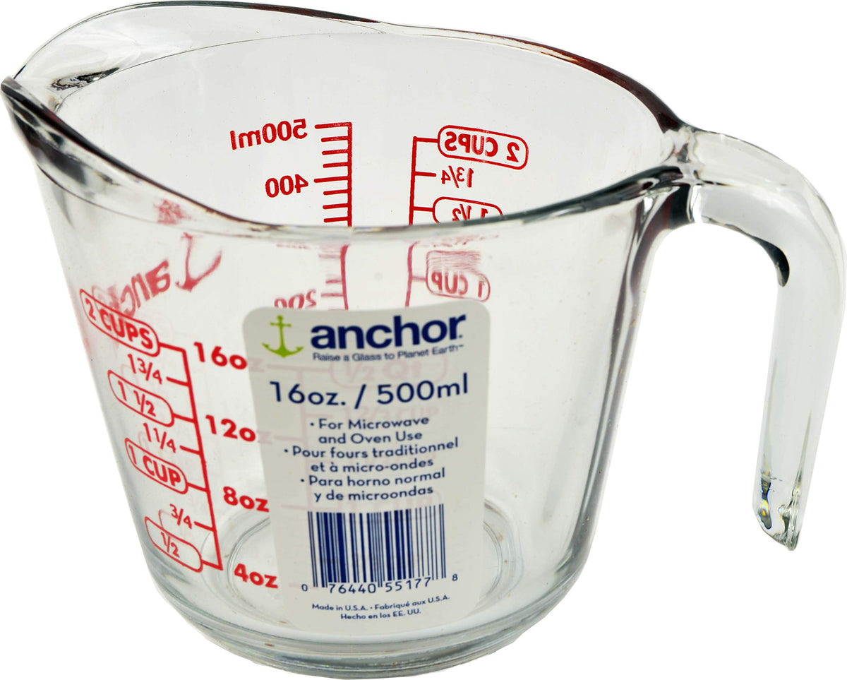 Anchor Hocking 2 Cup measuring cup in clear glass with red measurement markings for precise readings.