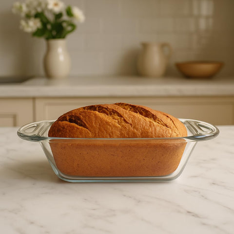Anchor Hocking 5x9 loaf dish, clear glass showing contents during bake.