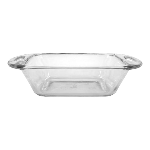 Anchor Hocking 5x9 loaf dish, oven-ready in clear glass.
