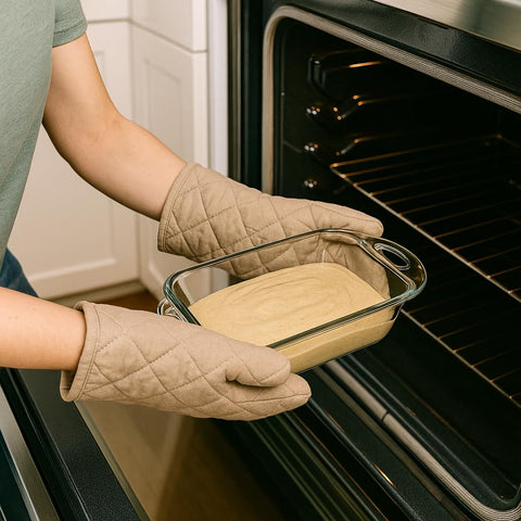 Anchor Hocking 5x9 loaf dish, serving-ready after bake on the table.