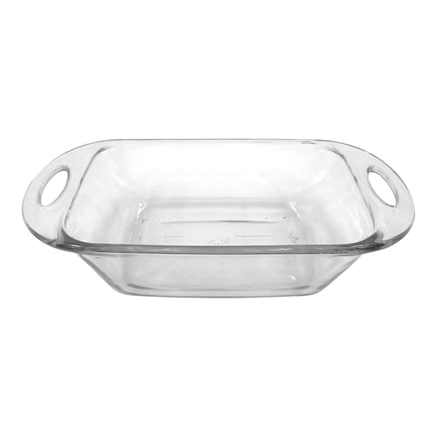 Anchor Hocking 5x9 loaf dish, side view with molded handles for easy transport.