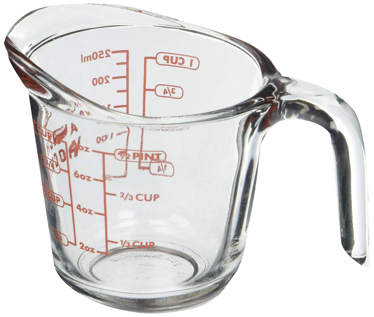 Anchor Hocking decorated 8 oz measuring cup for precise prep and easy storage.