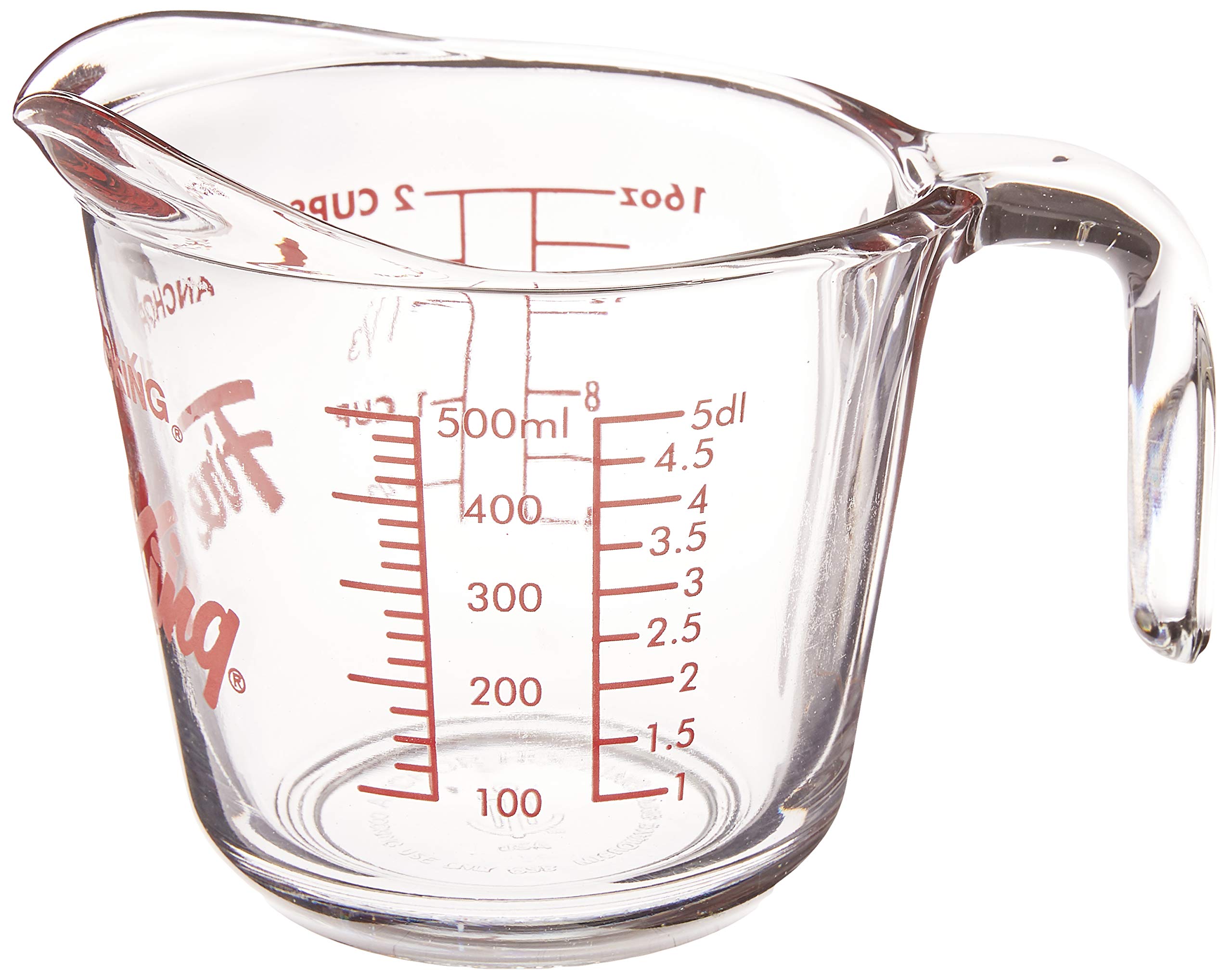 Anchor Hocking Fire-King 16 oz measuring cup, clear glass highlighting sturdy construction