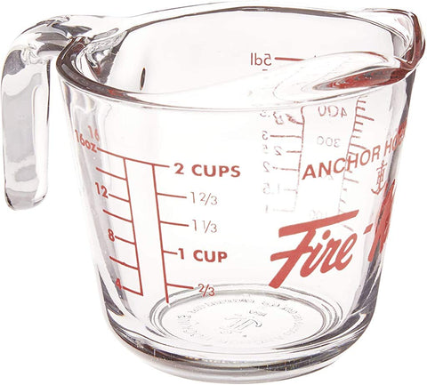 Anchor Hocking Fire-King 16 oz measuring cup, front view, clear glass for precise pouring
