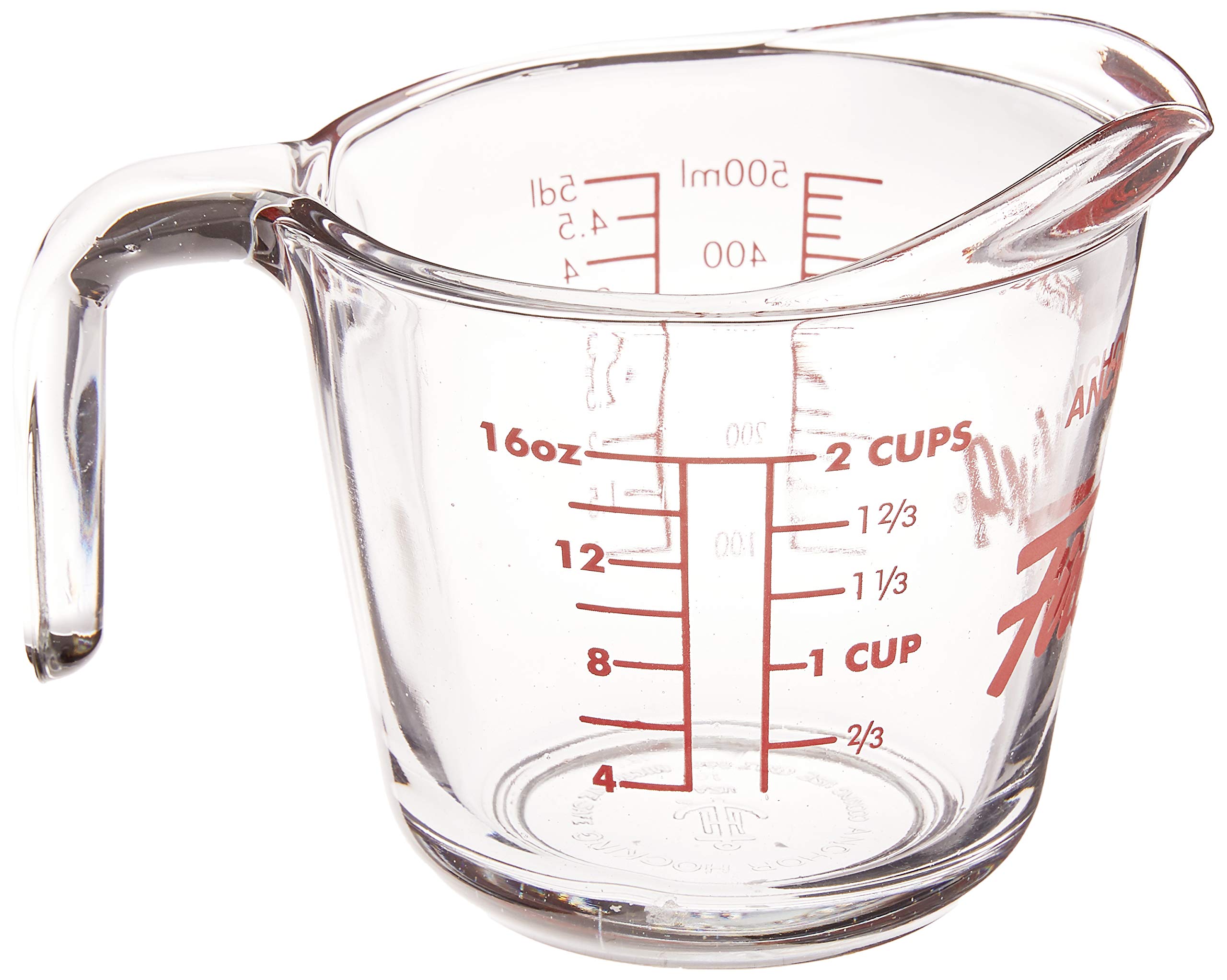 Anchor Hocking Fire-King 16 oz measuring cup, close-up of red measurement lines for accuracy