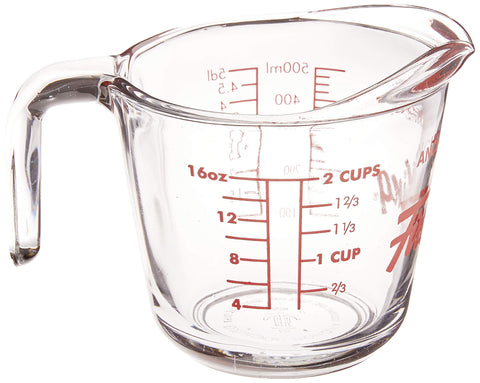 Anchor Hocking Fire-King 16 oz measuring cup, close-up of red measurement lines for accuracy