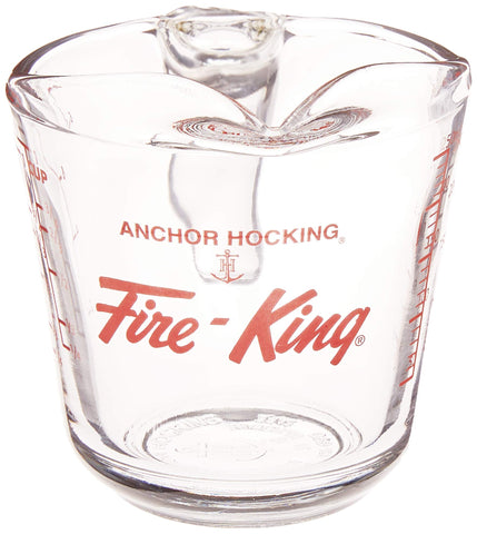 Anchor Hocking Fire-King measuring cup, dishwasher-safe for easy cleanup.