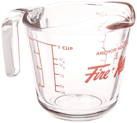 Anchor Hocking Fire-King 1-Cup measuring cup, front view, clear glass for precise readings.